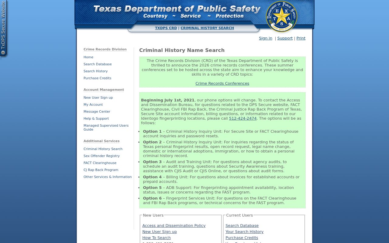 Washington County criminal history search on the Texas DPS portal
