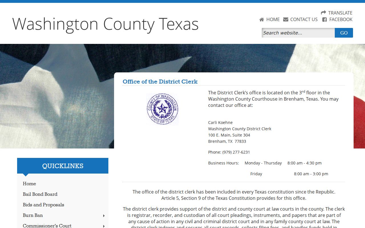 Washington County criminal court case District Clerk page