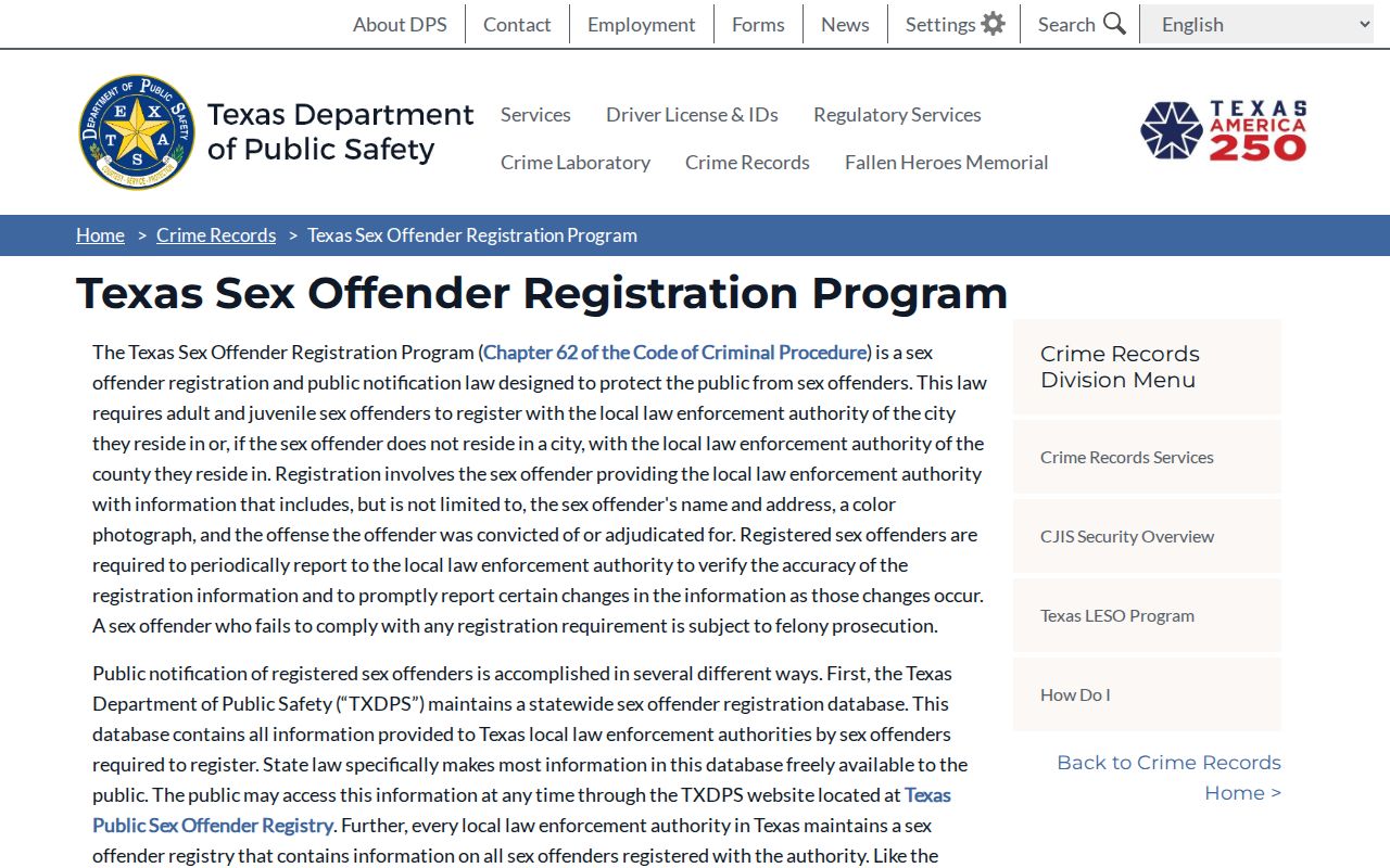 Texas DPS registration program information for Washington County sex offender records