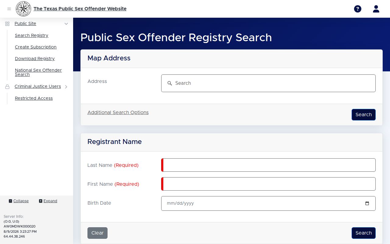Washington County sex offender search controls in the Texas DPS registry